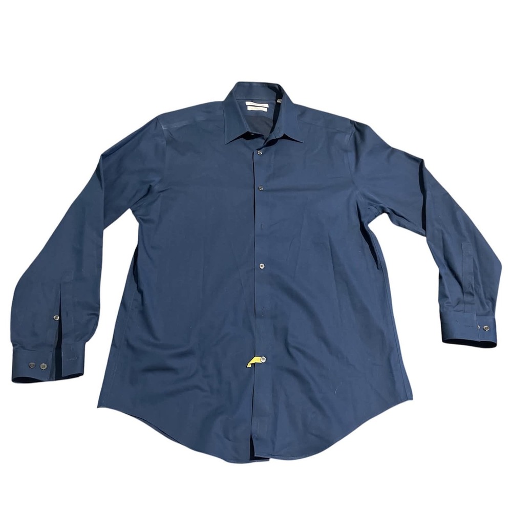 Calvin Klein Button Down Mens 16 32/33 Navy Steel+ Slim Fit Herringbone Shirt